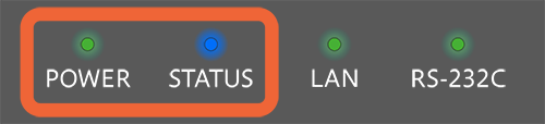 POWER LED 緑点滅（1秒ごと0.1秒消灯）、STATUS LED 青点灯