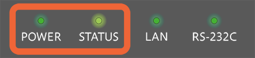 POWER LED 緑点滅（1秒ごと0.1秒消灯）、STATUS LED 緑点灯