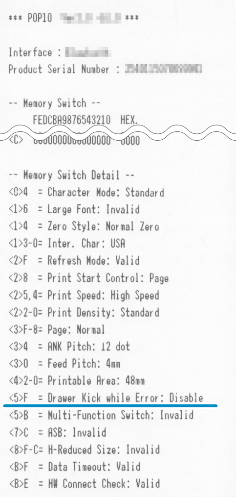 Sample of self-printing when external drawer connection is not supported