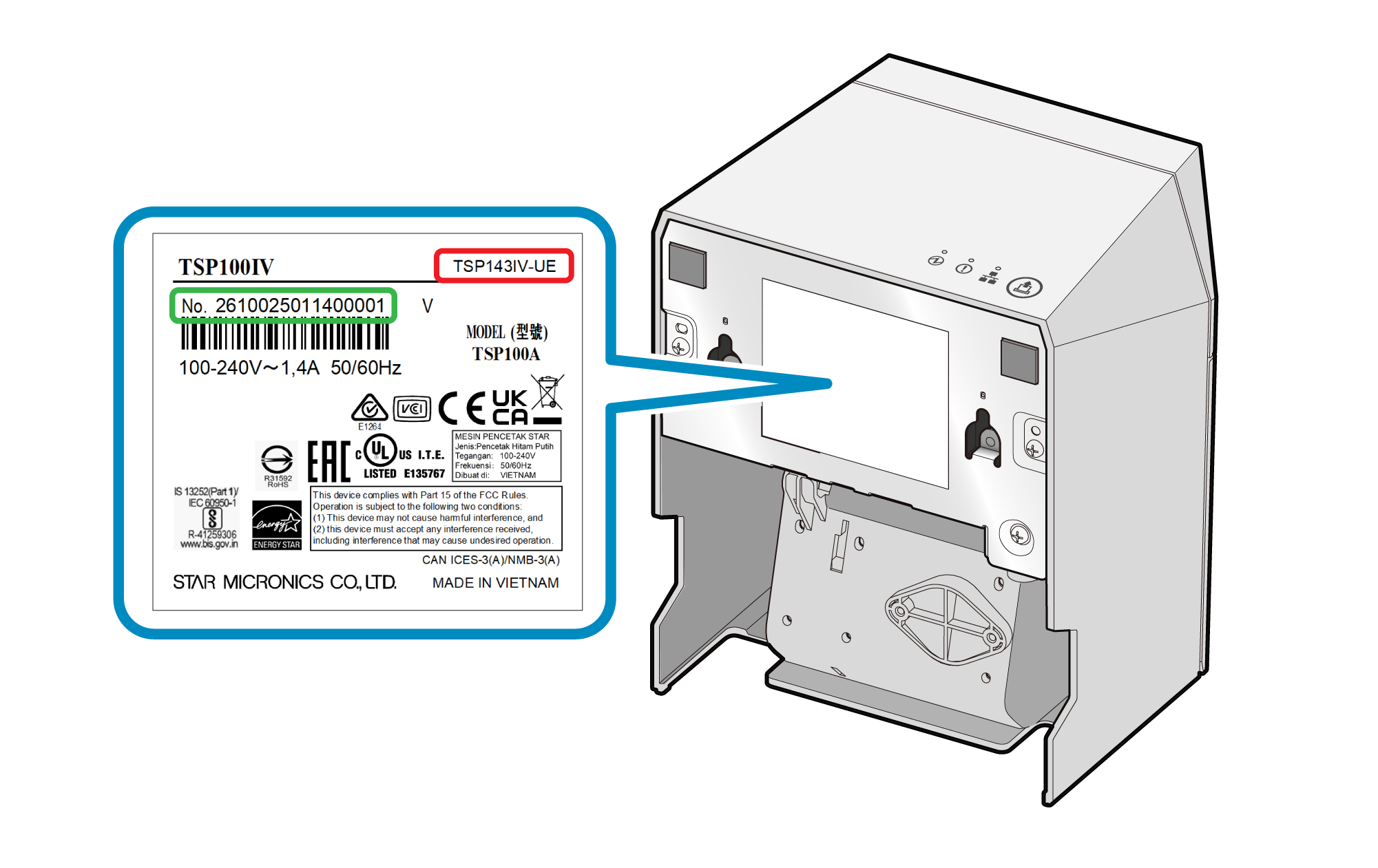 The model name and serial number are indicated on the standard indication sticker located on the bottom of the main unit. The model name is indicated on the right of the product logo at the top. The serial number is indicated after "No." under the product logo.