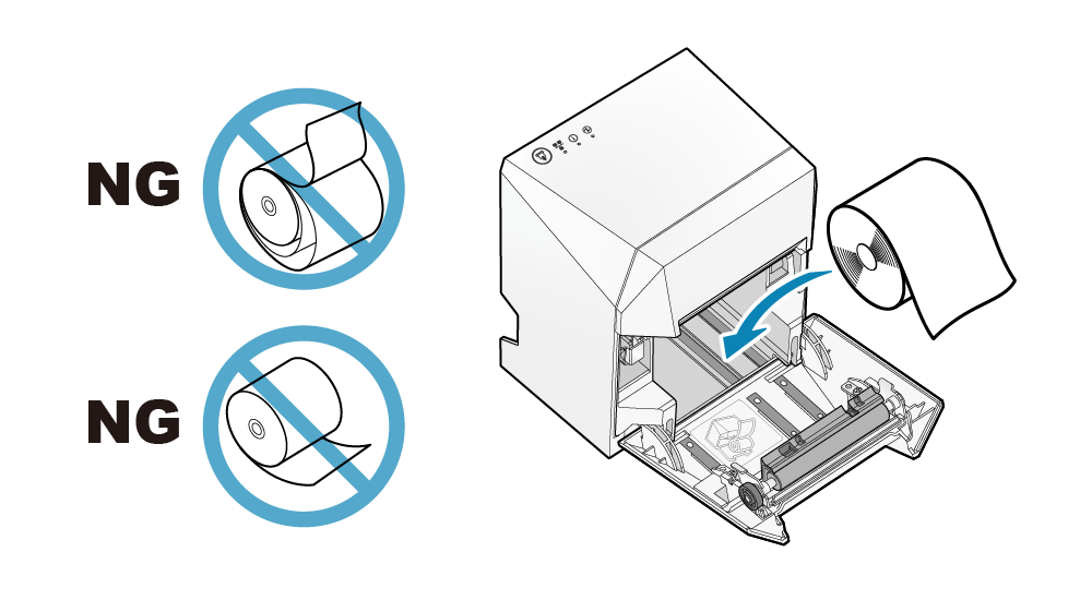 ロール紙の上側から用紙が引き出せるようにセットします。